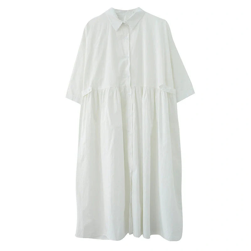 Casual linen short sleeve dress with polo collar in white and black