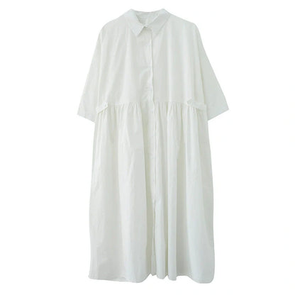 Casual linen short sleeve dress with polo collar in white and black