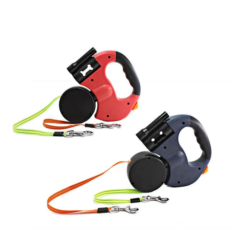 Dual-headed dog leash with flashlight and garbage bag box in grey and red