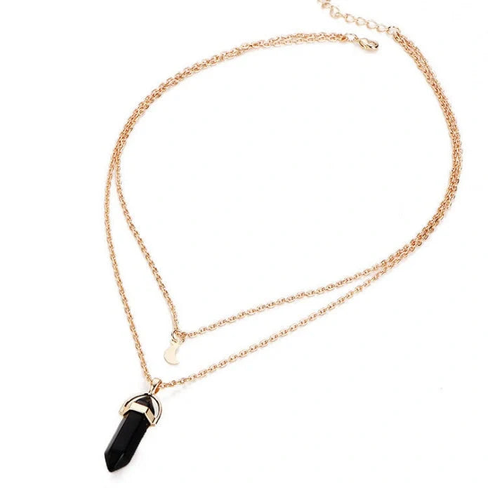 Elegant hexagonal natural stone necklace with double moon pendant in various colours
