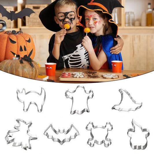 High-quality stainless steel Halloween-themed biscuit/cookie cutters in various spooky shapes like pumpkins, bats, cats, and skulls