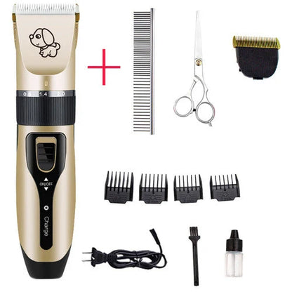 A precision dog hair trimmer with a quiet motor, featuring five speed settings, a titanium alloy fixed knife, and a long-lasting rechargeable battery for a stress-free grooming experience.