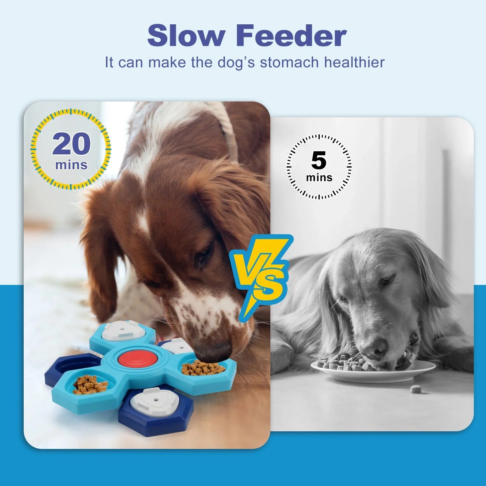 Blue 4-layer slow feeder puzzle dog bowl for controlled eating and mental stimulation