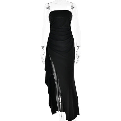 Stunning backless maxi dress in various colors, featuring a pleated A-line skirt and strapless silhouette for elegant occasions.