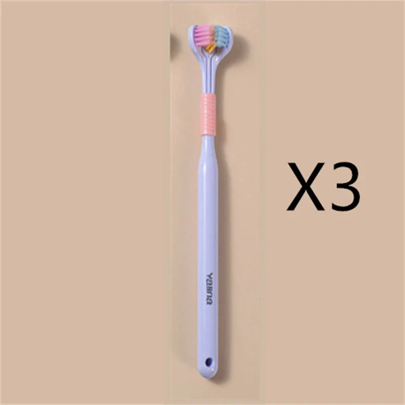 Soft bristle toothbrush with 3-sided brush head for thorough dental cleaning
