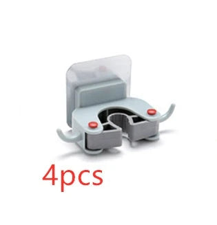 Adhesive wall-mounted mop and broom holder with double hooks for storing cleaning tools, available in multiple colors.