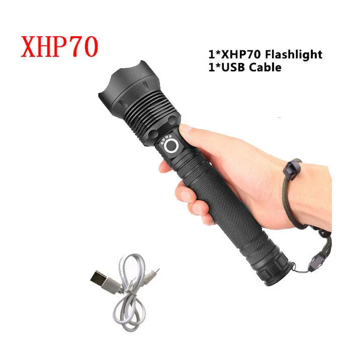 A durable, waterproof USB rechargeable flashlight with adjustable zoom and powerful LED light.