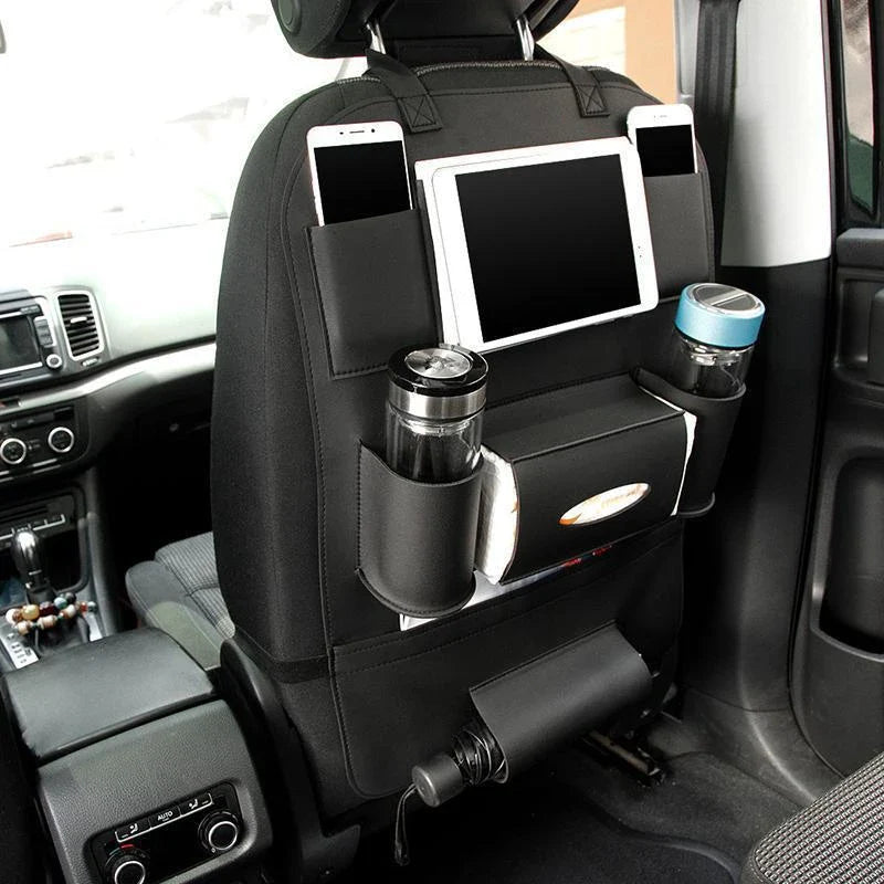 Premium leather car seat organisers with ample storage space for drinks, phones, pens, and other essentials, designed for UK drivers