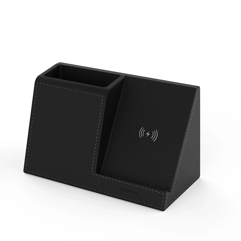 Premium Leather Wireless Charging Station with Pen Holder - Sleek and Versatile Desk Accessory