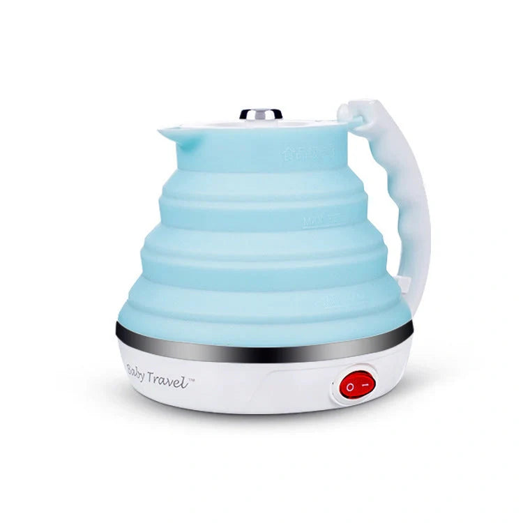 Foldable Electric Kettle in white, blue, and pink with UK, US, and EU plug options
