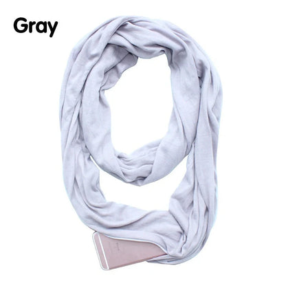 Stylish infinity scarf with hidden pocket in black, grey, and white