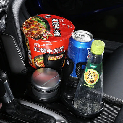 Stylish car cup holder with 360-degree rotation, carbon fibre-inspired design, and secure, non-slip storage for drinks, phones, and other essentials