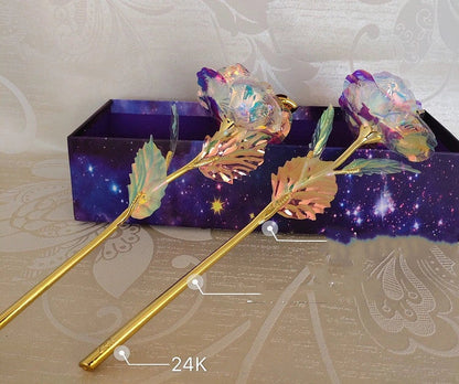 A luxurious 24K gold-plated rose flower bouquet set with a gift box and tote bag