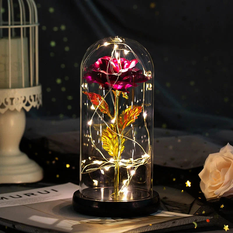 Enchanted Forever Rose in Glass LED Light decoration with realistic rose and wooden base