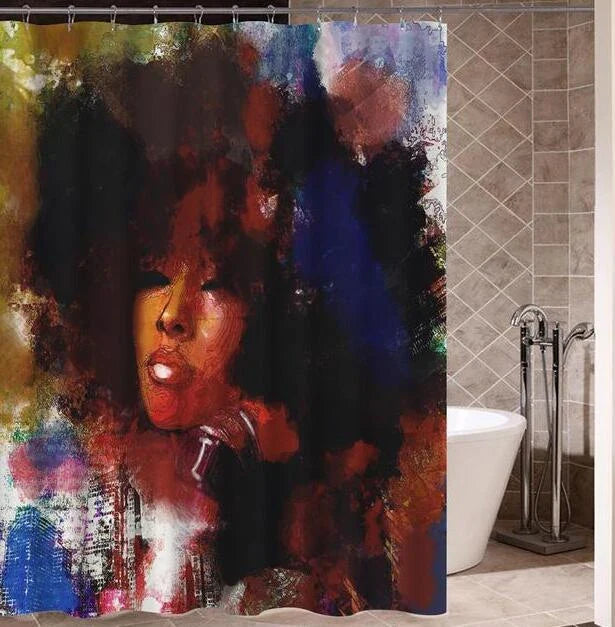 Vibrant African-inspired shower curtain with portrait of a beautiful African girl wearing earrings and bold hairstyle