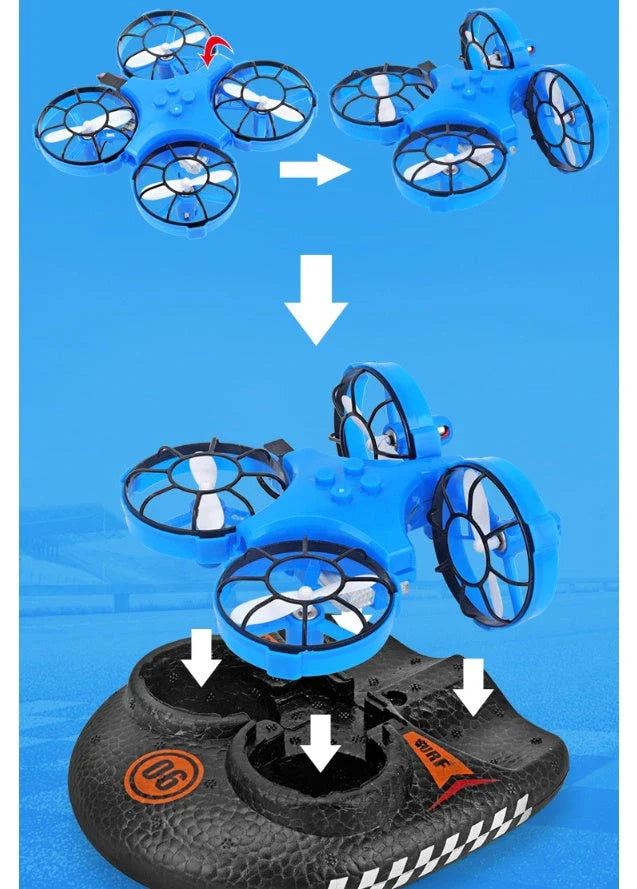 Versatile 3-in-1 RC Hovercraft Drone that can fly, glide on land, and cruise on water with intuitive controls and long-lasting battery life