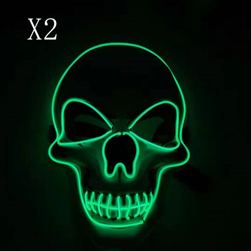 A glowing skull-shaped Halloween mask with adjustable straps and three lighting modes: constant, slow flash, and rapid pulse