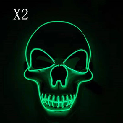 A glowing skull-shaped Halloween mask with adjustable straps and three lighting modes: constant, slow flash, and rapid pulse