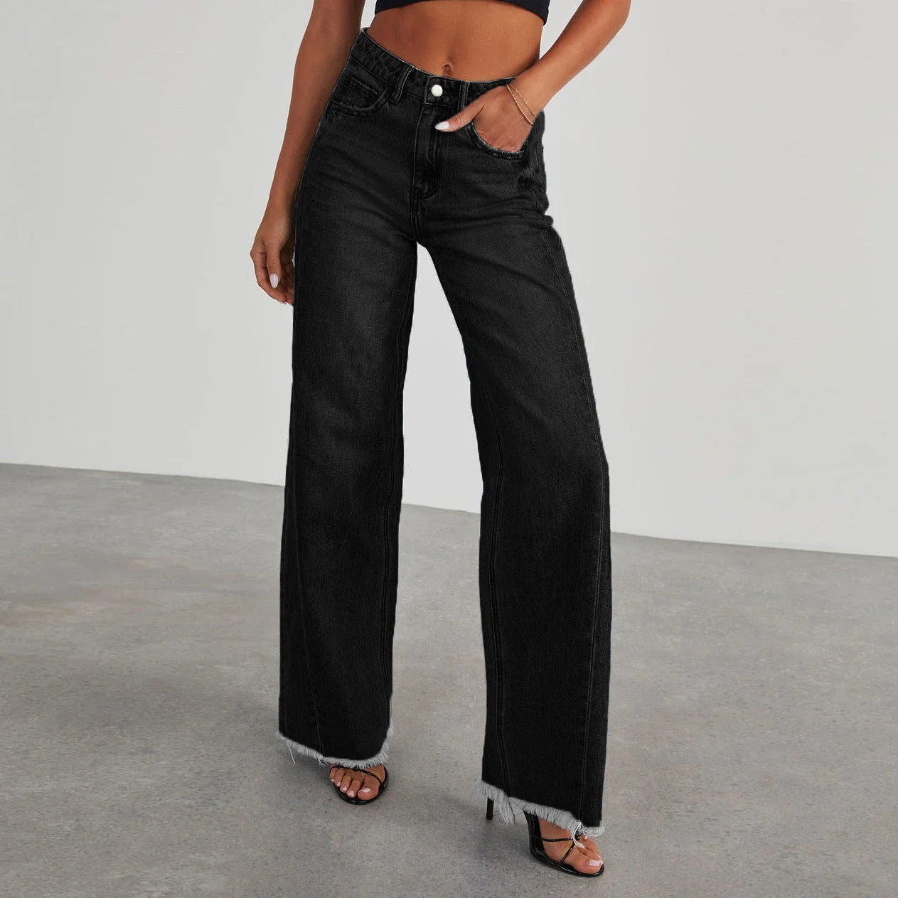 High-rise jeans with pockets, comfortable slim-fit straight leg pants for women in various colors