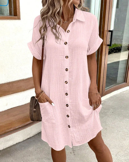 Stylish midi dress with short sleeves, made of premium polyester fabric and available in a range of colours