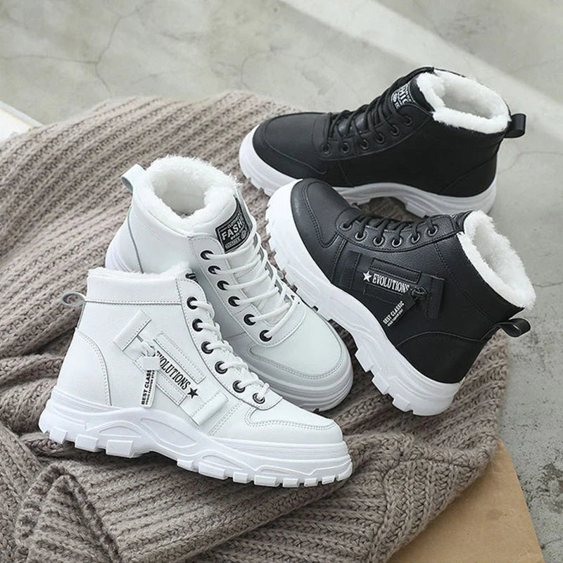 Winter fleece lace-up boots with artificial short plush lining in black, khaki, and white
