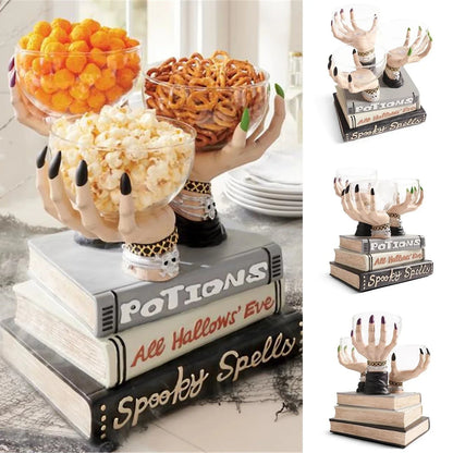 Bewitching Halloween snack bowl stand with transparent bowls and unique witch's hand design