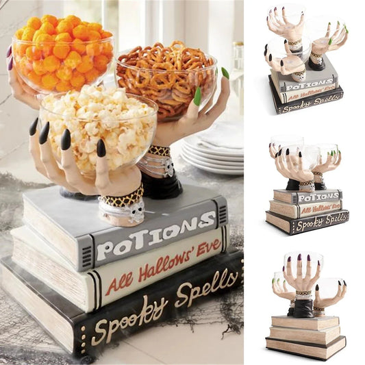 Bewitching Halloween snack bowl stand with transparent bowls and unique witch's hand design