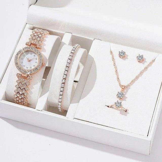 Diamond women's luxury quartz bracelet watch with rhinestone accents and complete jewellery set