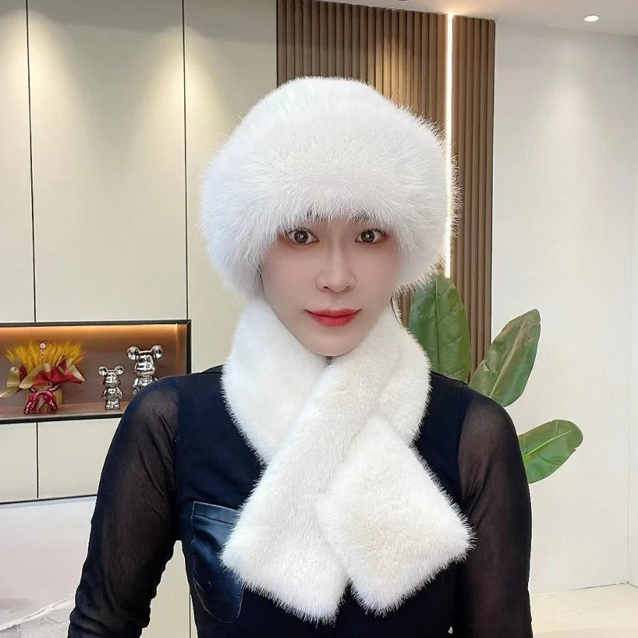 Cosy Mongolian-style unisex winter hat and scarf set in various colours, including black, white, beige, brown, pink, violet, grey, and red