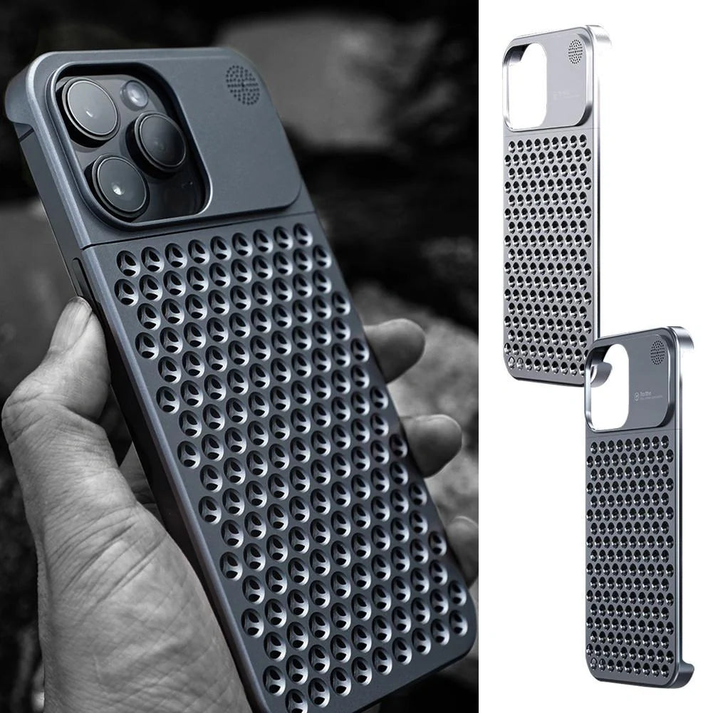 Aluminum alloy iPhone case with hollow design for heat dissipation and built-in aromatherapy tablet
