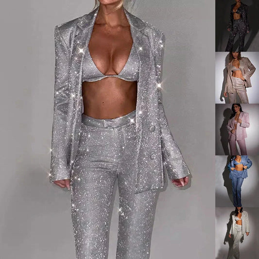 Women's 3-piece shiny suit set with bra lapel blazer and straight-leg trousers