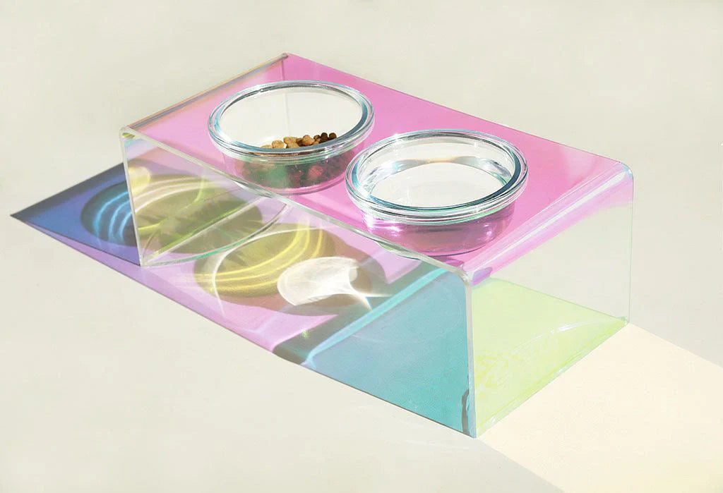Holographic acrylic pet bowl for small dogs and cats with anti-slip base