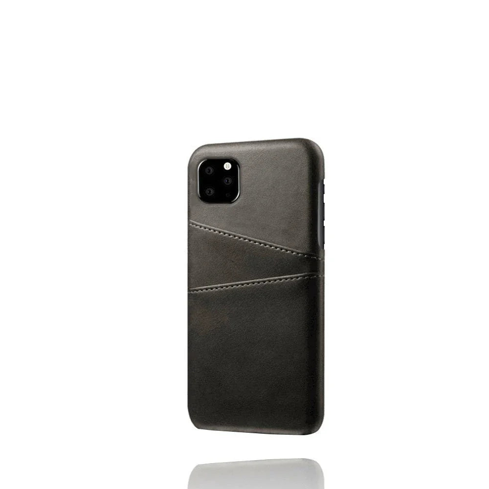 Stylish double card slot protective iPhone case with geometric pattern design, available in various color options