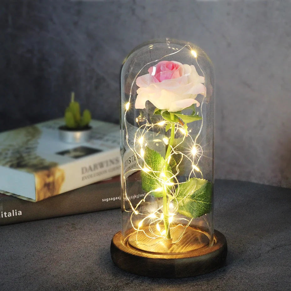 Enchanted Forever Rose in Glass LED Light decoration with realistic rose and wooden base