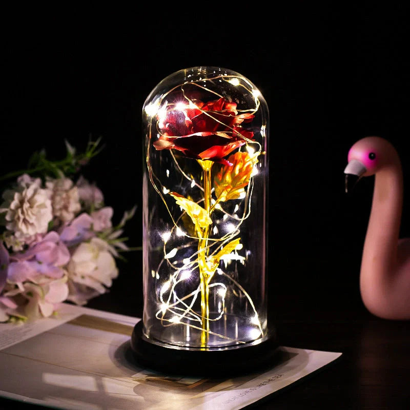 Enchanted Forever Rose in Glass LED Light decoration with realistic rose and wooden base