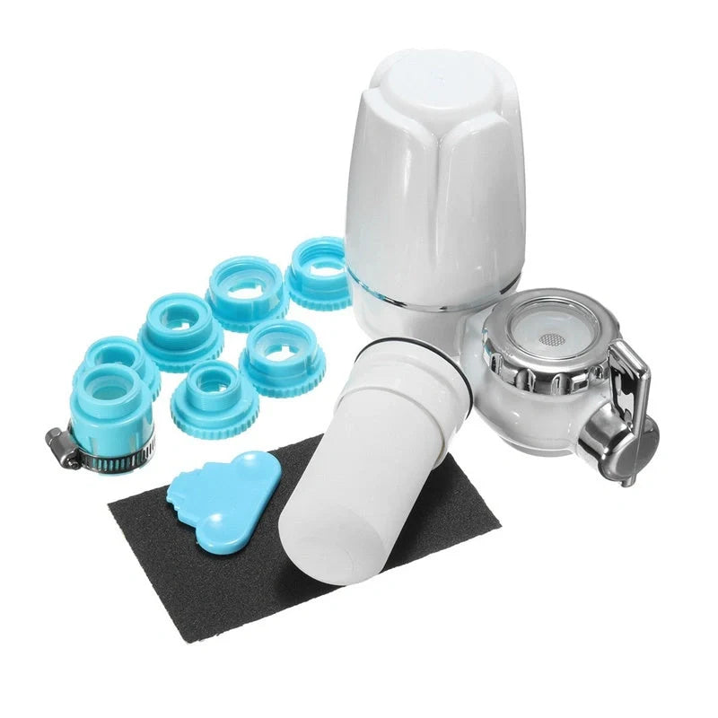 White kitchen tap water purifier with ceramic cartridge and universal adapter