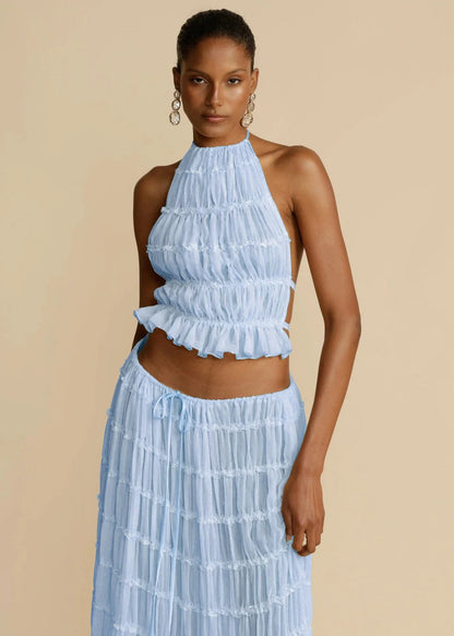 Chic sleeveless backless cropped halter top and pleated maxi dress set in various colors