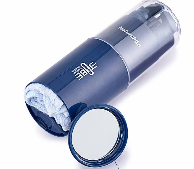 Multifunctional wash cup set including bottles, cup, mirror, and comb in durable PC and ABS materials