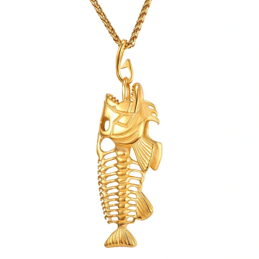 Premium titanium steel fish bone necklace in golden, steel, and black colours