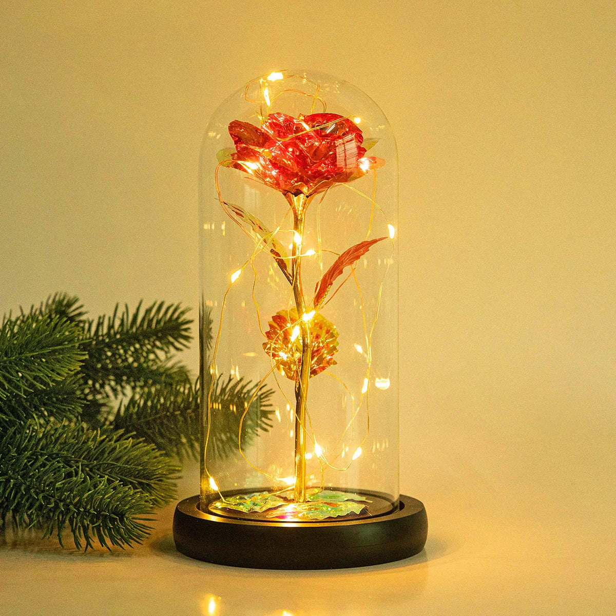 Enchanted Forever Rose in Glass LED Light decoration with realistic rose and wooden base