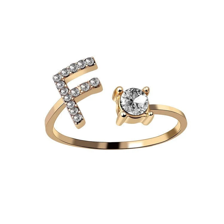 Customizable adjustable ring with 26 letters for women, featuring zircon stones and copper alloy construction