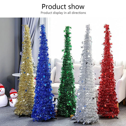 Collapsible artificial Christmas tree with stand and sequin decorations