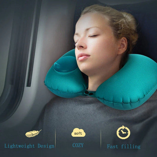 Inflatable travel pillow with U-shaped design for neck and head support, available in multiple colors