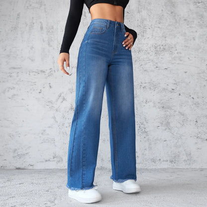 Straight wide-leg denim jeans in blue, featuring a unique collage design and high-waist fit for a stylish casual look