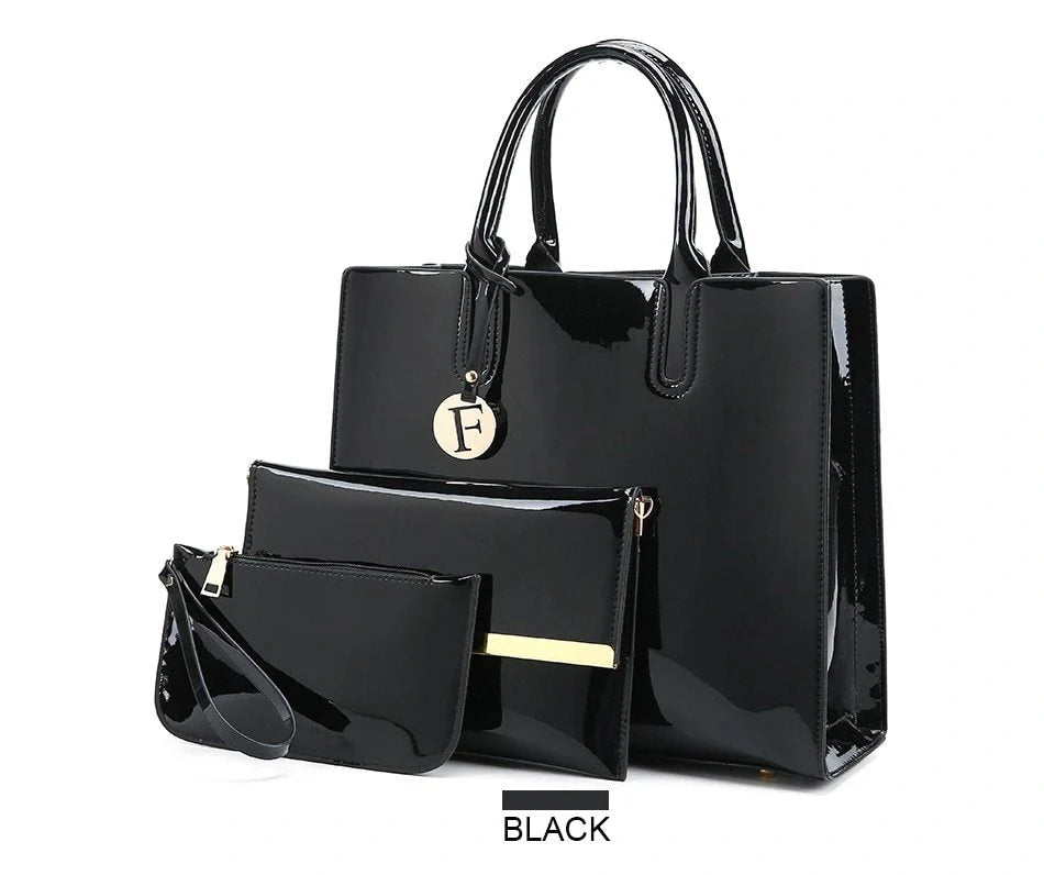 3 sets of leather handbags in various colors with zipper closure and cell phone pocket
