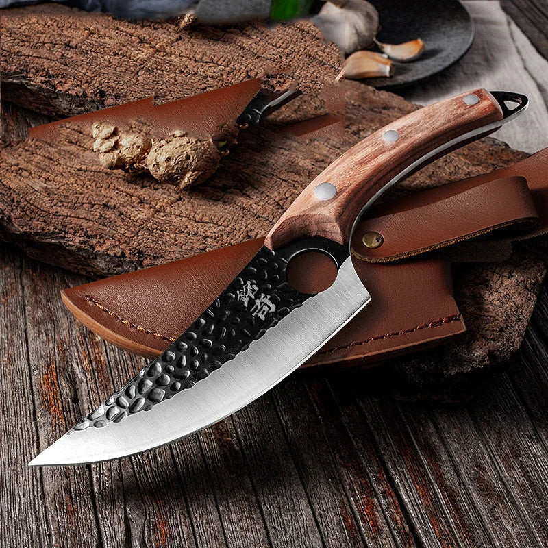 Forged stainless steel boning knife with ergonomic handle and leather sheath