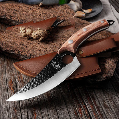 Forged stainless steel boning knife with ergonomic handle and leather sheath