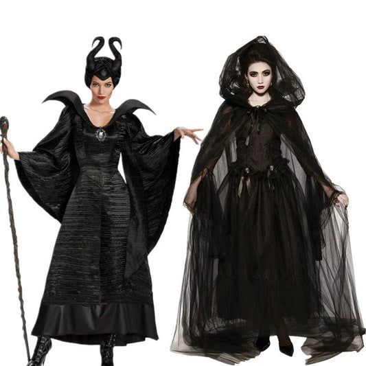 Maleficent Halloween costume with horned headpiece, flowing cape, and dark dress