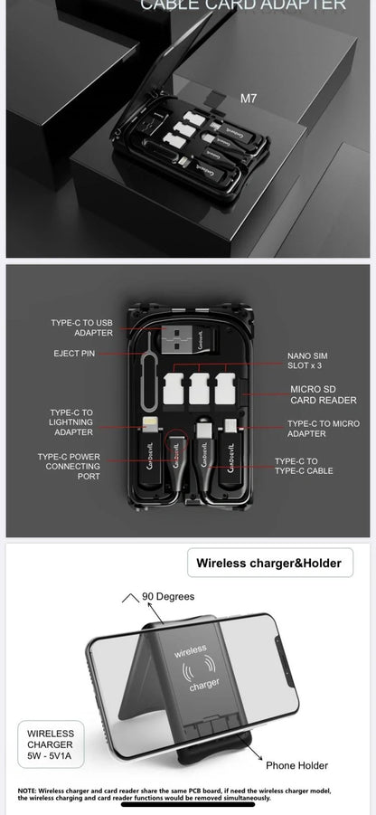 Multifunctional Travel Survival Card All-in-One Data Cable in black, compact and lightweight design