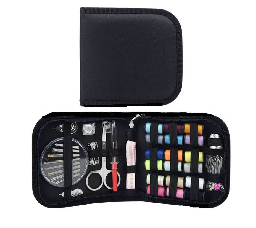 Compact home sewing kit with 98 accessories including needles, threads, scissors, and more